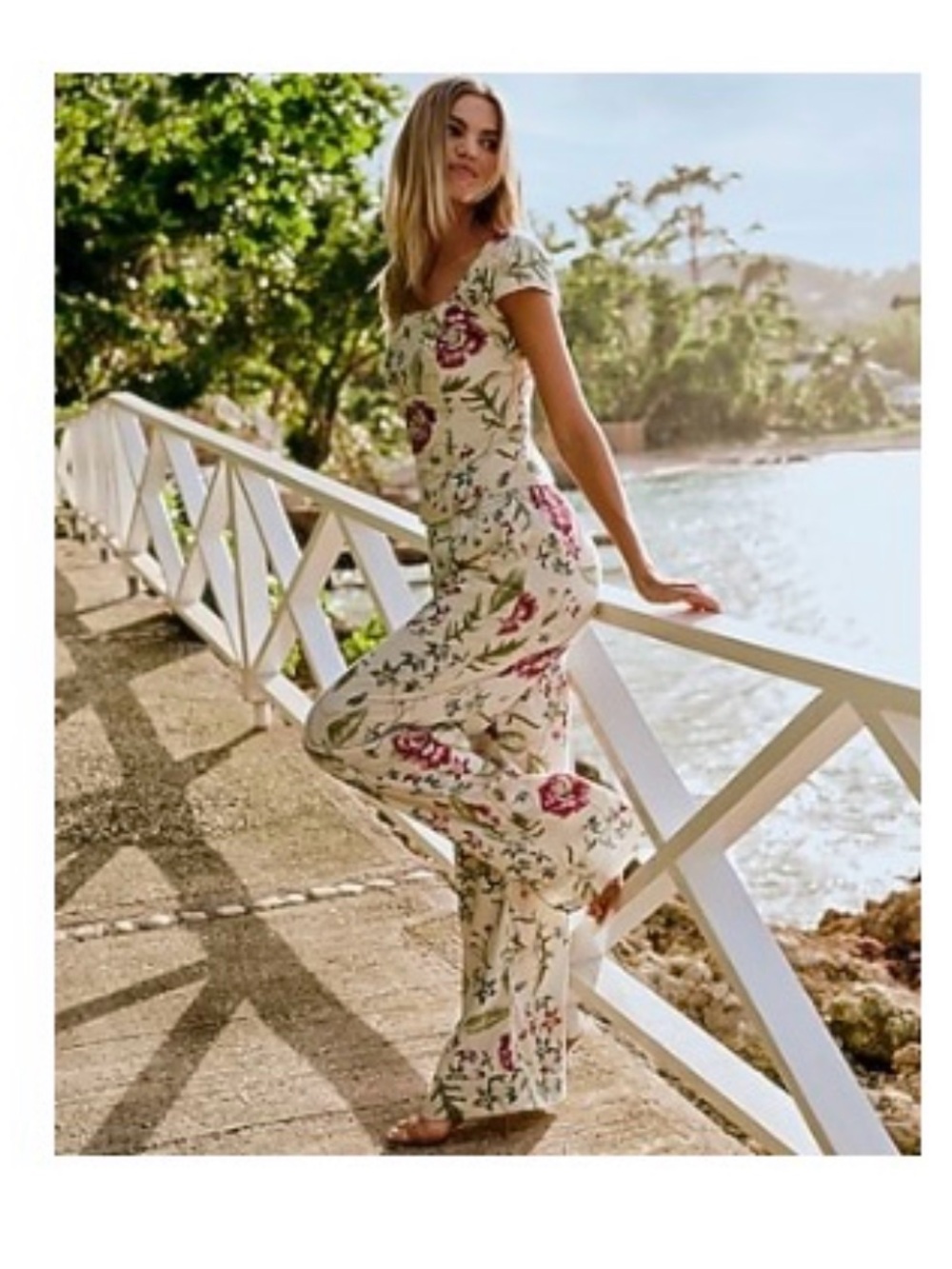 Express Floral Cream Linen Pant with Pink Blooms